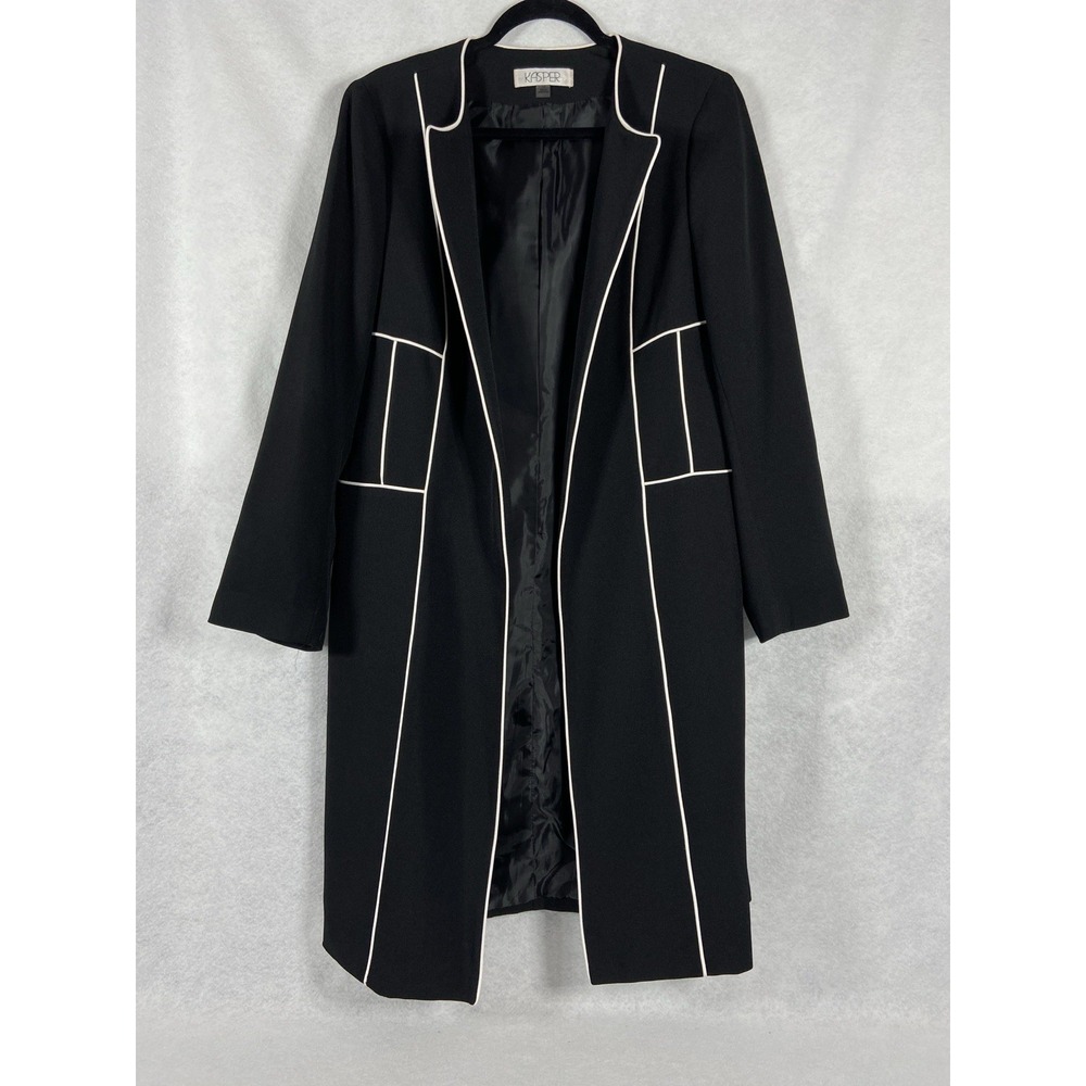 Kasper Long Jacket Women's 14 Black White Trim Open Lagenlook Church Career